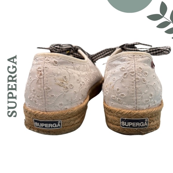 Superga White Eyelet Espadrille Platform Sneakers | Gingham Laces | Size 10 - Picture 5 of 9